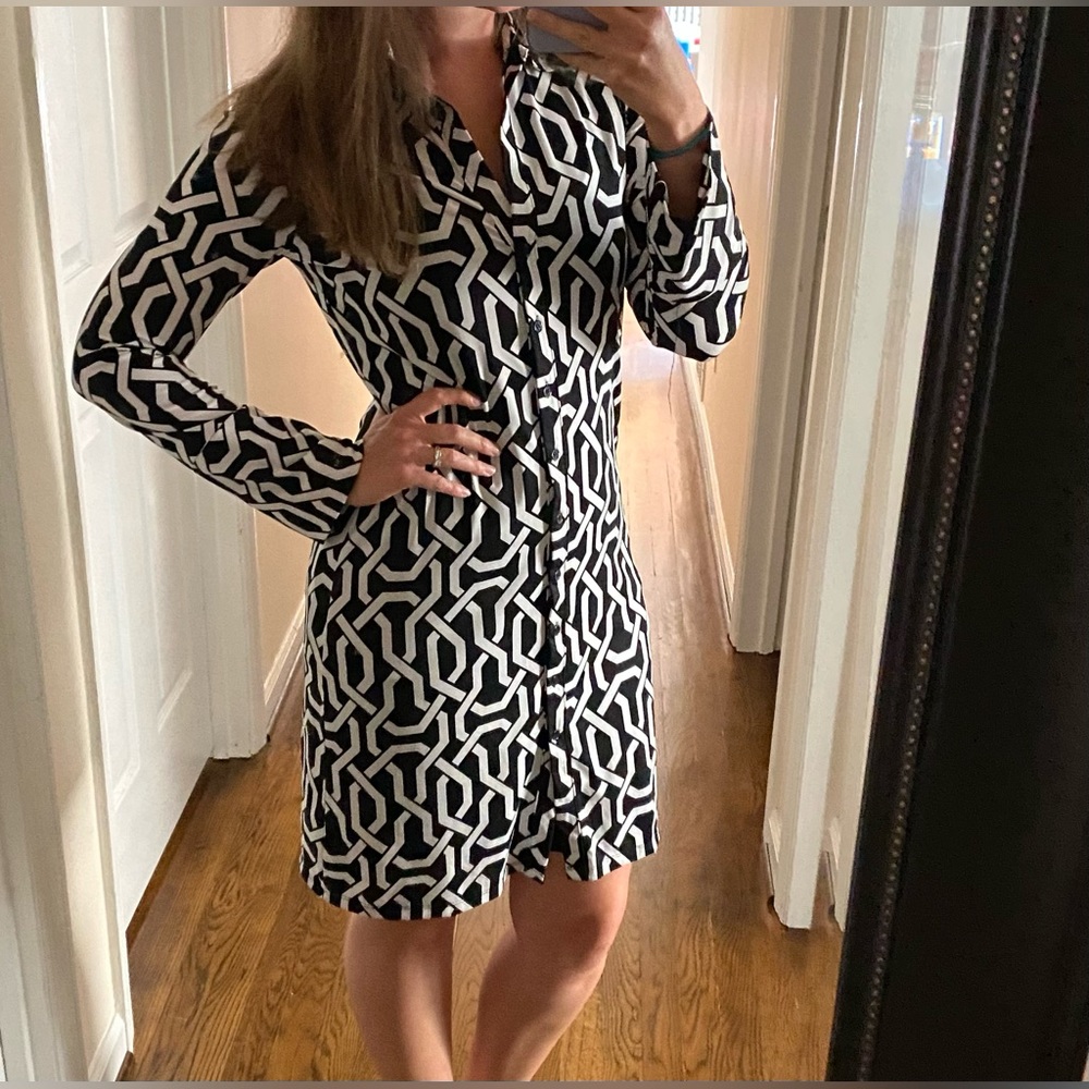 INC Black and White Button Up Geometric Pattern Nursing Friendly Dress Small